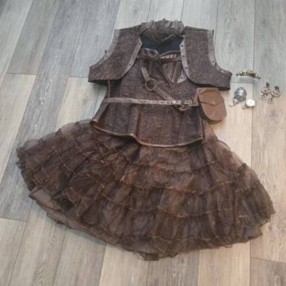 Brocade Steampunk Bustiers Corset with Jacket and Belt brown petticoat skirt - Picture 2 of 16